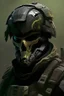 Placeholder: A soldier in the game Titan Fall 2 , he wears a BLACK skull helmet that covers his face, he is a rifleman, and his callsign is Titan. His colors are black and dark olive