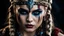 Placeholder: cinematic film still dramatic side lighting, dramatic intense stare closeup portrait, dark black background, hdr, dramatic beautiful warrior woman with warrior face paintings and blood, viking braids, blue eyes, pelt, skull necklace, shallow depth of field, vignette, highly detailed, high budget Hollywood film, cinemascope, moody, epic, gorgeous