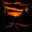 Placeholder: dark night, orange sunset colors in the sky, a lonely cabin in the distance on a mountain in the woods, a lonely dark silhouette walking down the road