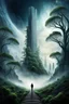 Placeholder: abstract landscape, skyscrapers and spiralling trees to space, mist, lonely figure looking up, pale surreal lighting, utopistic scenery, dark fantasy theme, surreal style, detailed, high quality, frog eye view