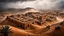 Placeholder: Massive brutalist architecture emerging from a desert landscape, fused with the ancient ksar structures of Ksar Ouled Soltane, partially hidden in dense fog. Monumental concrete forms mixed with traditional North African clay granaries, cinematic composition, ultra detailed, photorealistic, atmospheric lighting, dark surreal mood, mysterious scale, soft sandstorm haze, moody shadows, dystopian yet ancient feeling, high contrast, realistic textures, epic wide-angle shot, fog