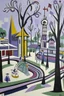 Placeholder: A grayish light purple haunted amusement park painted by Stuart Davis