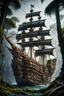 Placeholder: A huge pirates ship in a full body, full shot,forest,Sony Alpha 7 50mm 1.8,medium shot, high-resolution image with fine details, citrine, ultra detailed,ultra realistic,extremely realistic,intricate,photorealistic,epic composition,masterpiece,H.R.Giger style