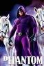 Placeholder: Movie Poster - ((("THE PHANTOM"))), extremely thick, muscular, 6'6'' 18-year-old Billy Zane with extremely exaggerated muscles as the Phantom, long-sleeved, textured, padded purple cotton bodysuit with skintight, formfitting textured purple cotton cowl with ((black eye mask)) and widow peak, black gloves and wrist gauntlets, black boots, double holstered utility belt, skull-shaped belt buckle, glowing, white eyes, standing next to his white horses, captured in a breath-taking explosion of color,