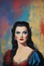 Placeholder: Yvonne De Carlo as Dracula - with a single white streak in her hair, extremely colorful, multicolored paint splattered wall in the background, oil painting by Leonardo da Vinci