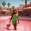 Placeholder: [high res photo by Gilligans Island] In the dazzling city of Las Vegas, Clad in a short green dress that sparkles under the desert sun, the Orangutang Queen finds herself in a most curious setting—a pink swimming pool teeming with flamingos and bananas, ready to fight, in dust, rust and blood, her body is covered with cartridge belts