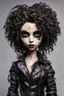 Placeholder: full color, illustration of a dark, menacing, curly haired, black leather clad motorcycle girl, tall and willowy , as a decayed, broken, crude homemade cloth doll toy, with a cracked porcelain face, thick dark eyebrows, hair made from ragged strips of cloth, in the style of Nadya Sheremet