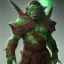 Placeholder: orc mage, Height 250cm, Weight 200kg, Skin color green, Has predator-like eyes, fangs, and claws He holds an old stuff in his hand. Kills humans with ferocious accuracy, Intelligence is that of a human child. Wears crude silk armor