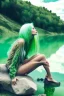 Placeholder: woman sitting on a rock, in a lake, green mottled skin, green hair, blue sky, white clouds