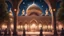 Placeholder: Hyper Realistic people worshiping inside Beautiful-Grand-Brown-Decorated-Mosque with Beautiful-Lightings-Decorations at night with stars on sky & beautiful trees