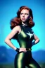 Placeholder: retro portrait image from 1960, sky background, wind, long red hair, fighting stance, sweet young Scarlett Johansson, black dress, classic long tight lycra black suit, gold bracelet and belt, high heel boots, superhero style, black widow, soft color, highly detailed, unreal engine 5, ray tracing, RTX, lumen lighting, ultra detail, volumetric lighting, 3d, finely drawn, high definition, high resolution.