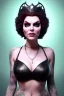 Placeholder: Hannah Waddingham as evil queen in black leather, busty, cleavage, voluptous, rebecca Welton, angry, stern look. character design by cory loftis, fenghua zhong, ryohei hase, ismail inceoglu and ruan jia. unreal engine 5, artistic lighting, highly detailed, photorealistic, fantasy