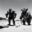 Placeholder: [art by Helmut newton] Bebop and Rocksteady, low angle view in the desert of the lostlands