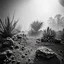 Placeholder: A striking quality Kodak photograph captures a wasteland with monsters and group of plants, creepy, details of the dust very accentuated, glossy organic mass, adorned with minerals and rocks. Bathed in intense light, eerie, Max Ernst style, black sun, fog