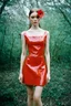 Placeholder: Mia goth, 1970s, short dress with a shiny red latex flower, old autochrome