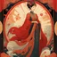 Placeholder: Bordered digital illustration of a An empress, draped in red silk by Victo Ngai. Art Deco, Tarot card, Hanafuda. High quality, masterpiece. Dungeons and Dragons.