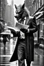 Placeholder: Werewolf in a suit walking the streets of Soho in the rain. He's holding a resraurant menu in his hand, and his hair is perfect. There is a Chinese restaurant in the background. Photograph.