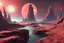 Placeholder: a scifi landscape with a giant reddish gas planet in the middle of the sky, in the front rocks and sea