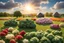 Placeholder: lifelike photography, vegetable and fruit landscape, broccoli forest, chive field, cauliflower sheep, orange sun, whipped milk clouds, raspberry flowers, cheese barn and haystack in sunshine