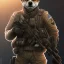 Placeholder: Kabosu the shiba inu, as a black ops soldier with a pistol