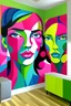 Placeholder: Create handpainted wall mural featuring abstract faces in Cubist cubes. Play with lively pops of color like bubblegum pink, lime green, and electric blue for a whimsical and modern look. Give it a handpainted mural effect