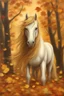 Placeholder: unicorn, with a brown coat and golden mane and tail, standing in a forest filled with colorful autumn leaves, conveying a sense of tranquility and peace, oil painting, created with canvas and oil paints, --ar 9:16 --v 4