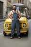 Placeholder: half figure photography of an ugly 36 year old chubby robust burly turkish plumber, wearing his work unbuttoned bulging overalls, bulge, leaning with his back to his van, arms folded and emotive look, ajar mouth, hairy chest, , very virile, short black beard, shaved hair, sweat, , in a sunny street, photorealistic , frontal view from the ground