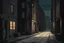 Placeholder: An illustration of a alleyway at a distance surrounded by darkness, whitechapel,2d flat,