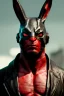 Placeholder: Medium Close Up Portrait, Front image. cyberpunk, rabbit mask helmet, strong man, titanium hair. Leather suit. Black, red, color. Hellboy style. Color background, photo studio. Avatar image, highly detailed, concept art, smooth, unreal engine 5, ray tracing, RTX, lumen lighting, ultra detail, volumetric lighting, 3d, finely drawn, high definition, high resolution.