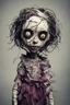 Placeholder: full color, illustration of a dark, menacing, monster girl, as a decayed, broken, crude homemade cloth doll toy, with a narrow cracked porcelain face, thick dark eyebrows, hair made from ragged strips of cloth, in the style of Alex Pardee, Tim Burton, and Nadya Sheremet