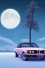 Placeholder: 1980's aesthetic vaporwave palm trees with lighting with moon with bmw in the winter snow