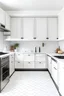 Placeholder: white shaker kitchen, cupboards at the bottom and top with black handles , with white work surface, hexagon white marble backsplash, white plain floor and small plant and wicker baskets