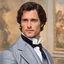 Placeholder: Imagine handsome Mr. Darcy, the iconic character from Pride and Prejudice, staring at a portrait of himself while at an art museum. Capture the moment with an air of sophistication and introspection, emphasising the character's timeless charm and the enigmatic allure of his gaze. Let the image evoke a sense of mystery, inviting viewers to ponder the essence of elegance encapsulated in this captivating visual narrative. water colour style.