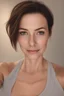 Placeholder: A selfie of a brunette woman, middle short hair taken after massage at spa salon. showing a 37-year-old European woman. She has white skin, tousled brown hair, face without makeup, big round dark brown eyes, cute profiled nose, detailed full lips, skin texture.