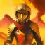 Placeholder: A portrait of a biker racer wearing full golden armour, in a desert with a volcano background. Magic the gathering style art. Diesel punk. Red ambient.