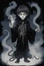 Placeholder: 7 year old boy, necromancer, friendly, with tentacle coming out of his stomach, surrounded by weird smoke with eyes, wearing black robes, in the style of Harry Clarke