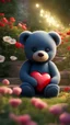 Placeholder: Place the teddy bear in a prominent position within the flower garden. Make sure the bear is holding the red heart in a way that is visible and adds a focal point to the image. Backlight. Highly detailed. Hyper-realistic, 4k, ultra HD, Pixar style, Disney style, cinema 4D