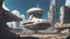 Placeholder: A small, wide, squat Spaceship in a ruined alien city, surrounded by tall damaged buildings, clear blue sky, small white clouds, photorealistic