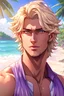 Placeholder: The handsome and perfect portrait is on the tropical island, anime sexy, feminine blonde-haired, lilac-eyed, and tan-skinned male character on the beach for the magazine, 8K resolution, high quality, ultra graphics, and detailed with lines.