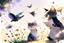 Placeholder: two cute anime chibi cats on either side of the picture looking at a pigeon in the top centre of the picture, flying with an envelope in its mouth in sunshine, flowerfield, watercolor and black ink outlines, ethereal, cinematic postprocessing, bokeh, dof