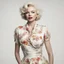 Placeholder: Michelle williams as marilyn monroe, in a flowered dress,, white bacground