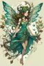 Placeholder: Forest fairy with iridesand teal wings and a cute short leaf dress and pointed ears and multiple vine earings and ear cuffs flying through a mythical forestand brown wavy hair trailing her