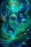 Placeholder: An ethereal and dreamlike underwater landscape, as if one were viewing it through the lens of a deep-sea hermeneutic psychedelic experience. The background is adorned with intricate tendrils of bioluminescent flora, their iridescent hues shimmering and pulsing in rhythm with the currents. Floating in the foreground are three mysterious orbs, each encrusted with delicate filaments and glowing with a captivating inner light. These orbs, reminiscent of seeds, seem to be emanating waves of energy th