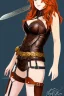 Placeholder: concept illustration, super-detailed, strikingly beautiful teen female, 16 years old, loli, long ginger hair, medium freckles, full lips, full body, full face, b-cup breasts, athletic, centred camera, ignore NSFW, skimpy brown fantasy leather armor, halter top, micro thong, knee-high leather boots, open leather tasset, stern expression,