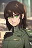 Placeholder: Woman with dark brown hair, vivid green eyes, futuristic military uniform, smirking, urban background, RWBY animation style