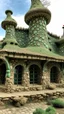 Placeholder: A grayish green fungus infested warehouse designed in ancient Greek pottery painted by Antoni Gaudi