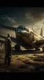 Placeholder: Bosch nightmares paining style Title:a man standing up in front of an old airplane, 8k artistic photography, photorealistic concept art, soft natural volumetric cinematic perfect light, chiaroscuro, award-winning photograph, masterpiece, oil on canvas, Raphael, Caravaggio, Greg Rutkowski, people, beksinski, Giger