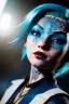 Placeholder: Smirking anime vampire, light blue hair, blue eyes, facepaint, up portrait, 8k resolution, intricate details, ornate details, soft lighting, vibrant colors, retroanime, masterpiece, intricate eyeliner, dark eyeshadow, eyes, intricate tattoos, futuristic cityscape background