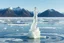 Placeholder: in a frozen sea with pretty mountains a full lady statue of transparrent ice