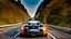 Placeholder: A sleek (((bugatti hyper super veyron 16.4))),, cutting through a (((clear bright blue morning sky))) rear view